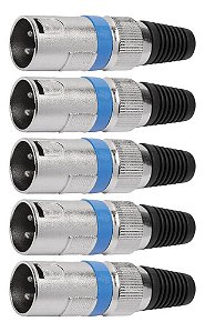Kit com 5 Conectores XLR Macho Linha Azul Metalico Storm