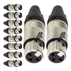 Kit com 10 Conectores XLR Fema Linha 3 Polos Metal Storm