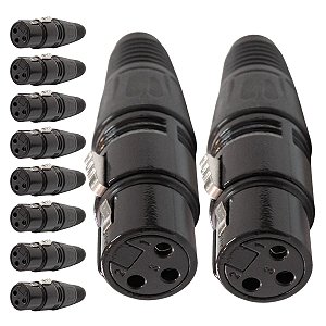Kit com 10 Conectores XLR Fema Linha Corpo Preto Metalico Storm