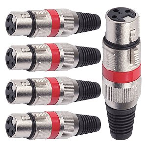 Kit com 5 Conectores XLR Femea Linha Vermelho Corpo Metalico Storm