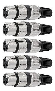 Kit com 5 Conectores XLR Femea Linha Preto Corpo Metalico Storm