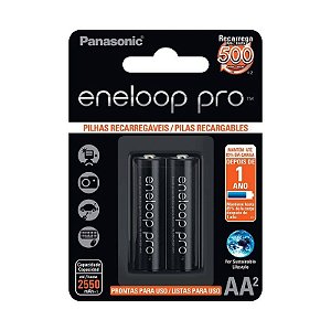 Kit com 2 Pilhas Recarregáveis Eneloop Pro AA Pequena Panasonic