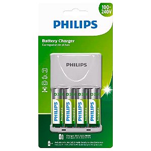 Kit com 1 Carregador e 4 Pilhas AA Pequena SCB Philips
