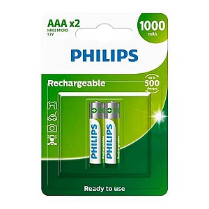 Kit com 2 Pilhas Recarregáveis AAA Palito 1000mAh Philips