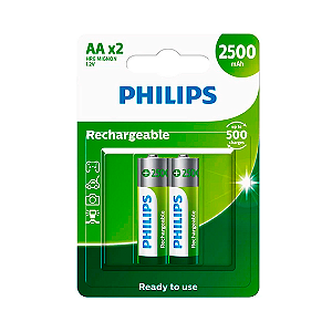 Kit com 2 Pilhas Recarregáveis AA Pequena 2500mAh Philips