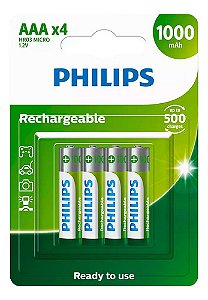 Kit com 4 Pilhas Recarregáveis AAA Palito Philips