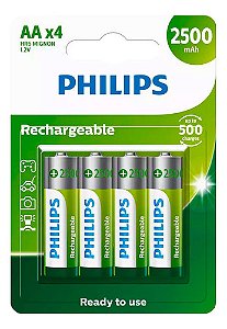 Kit com 4 Pilhas Recarregáveis AA Pequena Philips