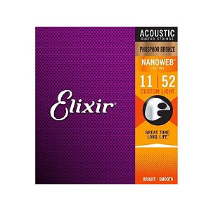 Corda Para Violão .011 11-52 Custom Light Aço Nanoweb Elixir