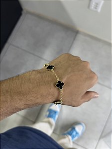 Pulseira 5 Trevos Pretos - Banhado a Ouro