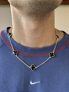 Colar 7 Trevos Pretos - Banhada a Ouro