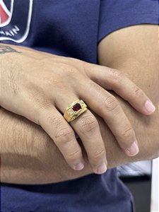 Anel de Formatura Pedra Vermelho Masc - Banhado a Ouro