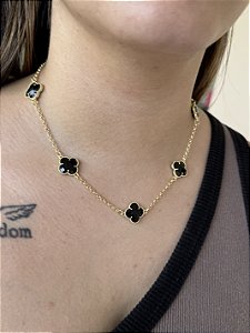 Colar 7 Trevos Pretos - Banhado a Ouro
