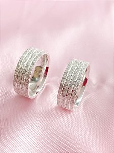 Par de Alianças 5mm Reta 3 Frisos e Diamantado Total - Prata 950