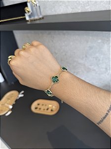 Pulseira 5 Trevos Verde 16cm + extensor - Banhado a Ouro