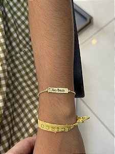 Pulseira Infantil Placa Lisa Elo Português Personalizado - Banhado a Ouro