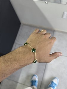 Pulseira 5 Trevos Verdes - Banhado a Ouro
