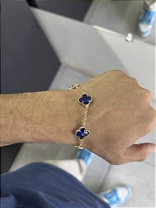 Pulseira 5 Trevos Azul - Banhado a Ouro