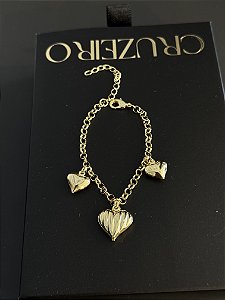 Pulseira Elo Português 3 Corações - Banhado a Ouro