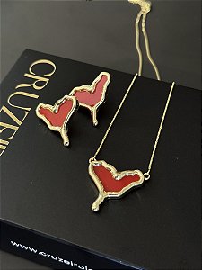 Conjunto Coração Resinado - Banhado a Ouro