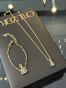 Colar Veneziano 45cm + Pingente Nossa Senhora + Pulseira Nossa Senhora - Banhado a Ouro