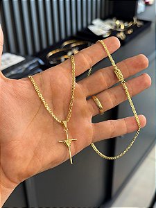 Corrente Cadeado Duplo 2,8mm 65cm + Pingente Cruz Enrolada M - Banhado a Ouro