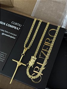 Corrente Cadeado Duplo 3,5mm FTD 60cm + Pingente Cruz Enrolada G