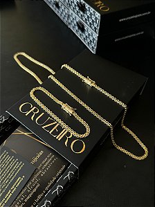 Corrente Cadeado Duplo 3,5mm FTD 6Ocm + Pulseira Cadeado Duplo 3,5mm FTD 21CM - Banhada a Ouro