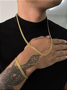 Corrente Esteira 5mm 60cm + Pulseira Esteira 5mm 21cm - Banhada a Ouro