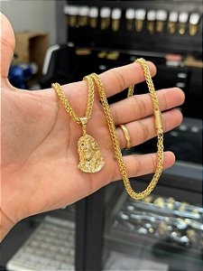 Corrente Garimpeiro 5mm 65cm + Pingente Face de Jesus C - Banhado a Ouro