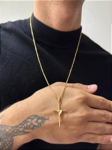 Corrente Tijolinho 1,6mm 60cm + Pingente Cruz Enrolada M - Banhada a Ouro
