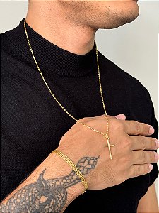 Corrente Tijolinho 1,6mm 60cm + Pingente Cruz Palito + Pulseira Esteira 5mm 21cm - Banhado a Ouro