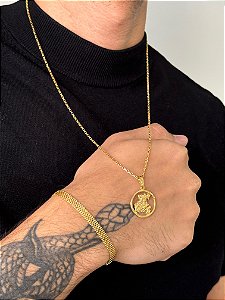 Corrente Tijolinho 1,6mm 60cm + Pingente São Jorge P + Pulseira Esteira 5mm 21cm - Banhado a Ouro