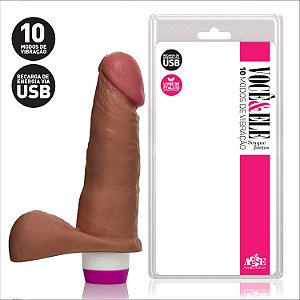 Pênis Realístico com Escroto, 10 Modos de Vibração Recarregável 16,5x4 cm Marrom