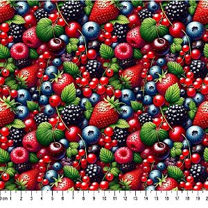 Tecido Tricoline Digital, Estampa 3D de Frutas Vermelhas, Morango, Mirtilo e Framboesa 50cm x 150cm Caldeira