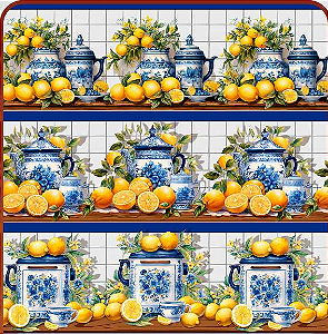Tecido Tricoline Digital Barrado Coleção Bom Sabor Lemon Pepper, Estampa com Limões e Porcelana Portuguesa, 55 x 150 cm