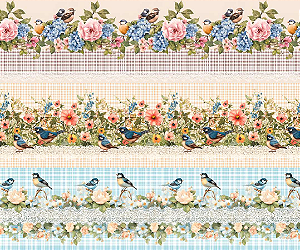 Tecido Tricoline Digital Barrado Pássaros 55x150 cm, Fernando Maluhy, Estampa com passarinhos e flores