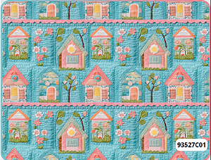Tecido Tricoline Digital Coleção Quilted Garden Casinhas 50x150cm Fernando Maluhy Azul Turquesa e Rosa