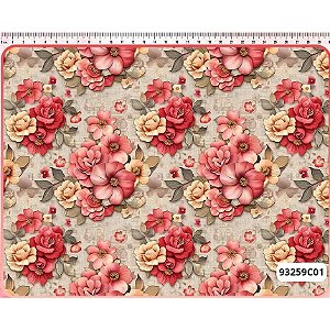 Tecido Tricoline Estampado Digital Coleção Rosário Rosas Grandes 50x150cm Fernando Maluhy Rosa e Bege