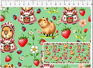 Tecido Tricoline Digital, Capivaras e Morangos, Verde com Flores, 50 x 150 cm, Fernando Maluhy