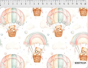 Tecido Tricoline Digital Estampado Coleção Heaven, Ursos com Balão, 100% Algodão, Fernando Maluhy, 50x150cm