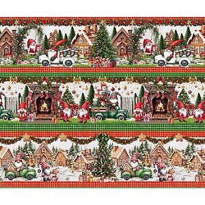 Tecido Tricoline Digital Barrado de Natal, Duendes, 100% Algodão 55x150cm Fernando Maluhy, Tema Natalino