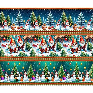 Tecido Tricoline Digital Barrado de Natal Boneco de Neve Duende Papai Noel, 100% Algodão, 55x150cm, Fernando Maluhy