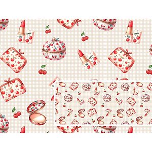 Tecido Tricoline Digital Fernando Maluhy Coleção Cherry Kitties Maquiagem 50x150 cm, 100% Algodão