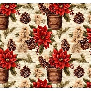 Tecido Tricoline Digital Fernando Maluhy, Coleção Vintage, Estampa Bico de Papagaio e Vasos, 50x150 cm, Vermelho e Bege