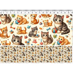 Tecido Tricoline digital Fernando Maluhy Coleção Cats Gatos e brinquedos 50 x 150 cm