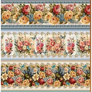 Tecido tricoline digital Fernando Maluhy Vintage flowers, borboletas e relógio 55 x 150 cm