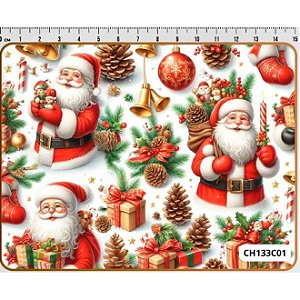 Tecido Tricoline Digital Fernando Maluhy Papai Noel pinhas e presentes 50 x 150 cm