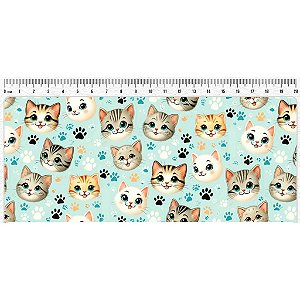 Tecido Tricoline Digital Fernando Maluhy Coleção Cats Carinhas de gatos 50 x 150 cm