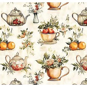 Tecido Tricoline Digital Fernando Maluhy Coleção Vintage Kitchen bules e xícaras 50 x 150 cm
