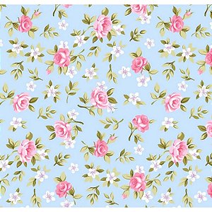 Tecido Tricoline Estampado Floral Lucia Azul com Rosa cor - 05, 50x150cm Tecidos Caldeira, 100% Algodão